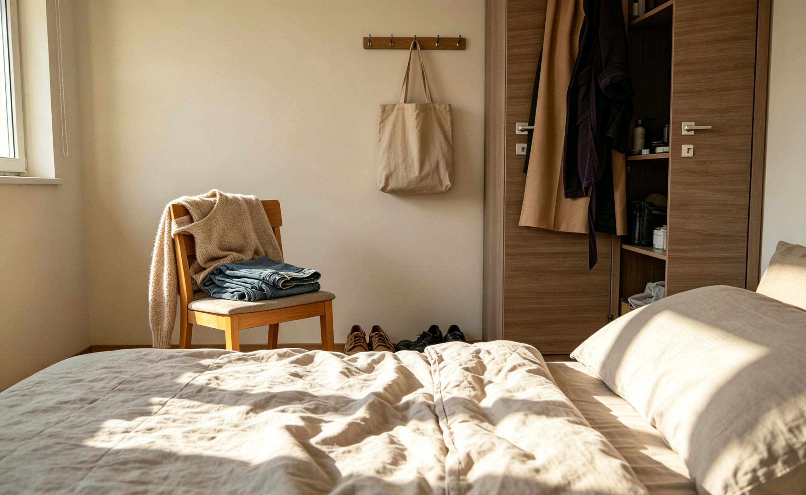 A sunlit bedroom with a made bed, a wooden chair holding a sweater and jeans, and a canvas tote bag on the wall, illustrating everyday routines within a calm living space.
