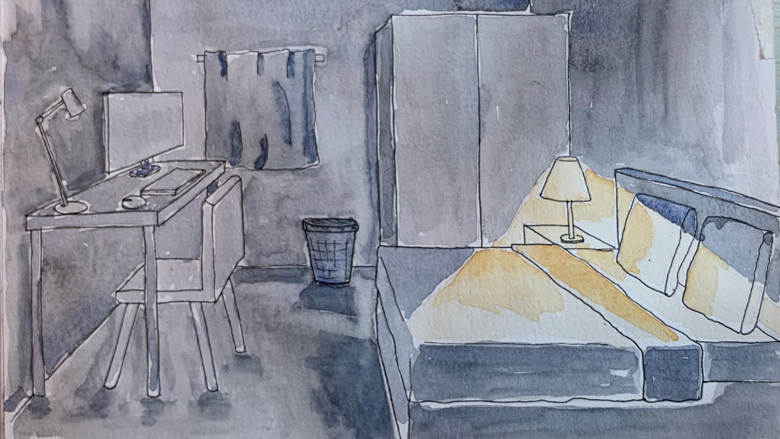 Watercolor sketch of a small bedroom at night with warm lamp right focusing on the bed.